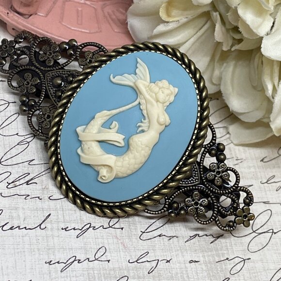 Beach Mermaid Christmas Gift Mom Wife Bride Cameo Pin Hair Clip Jewelry Sea Life - Picture 2 of 11